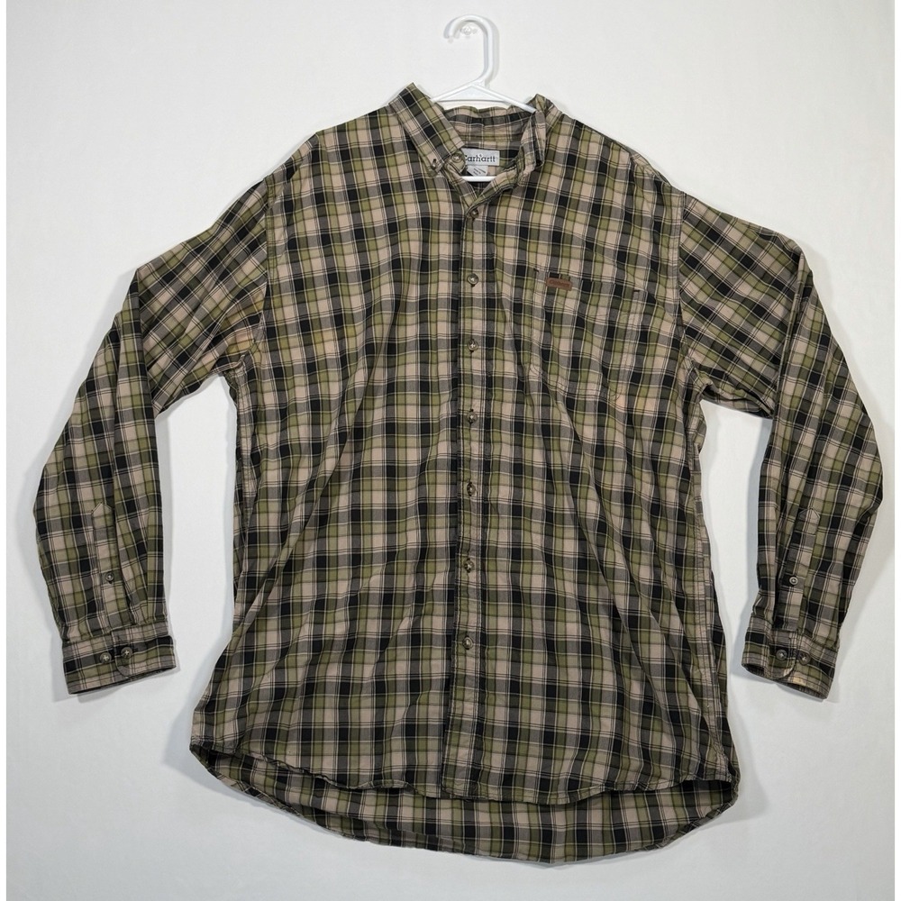 Carhartt XL Tall Plaid Button Front Shirt Mens Green Beige Long Sleeve Cotton